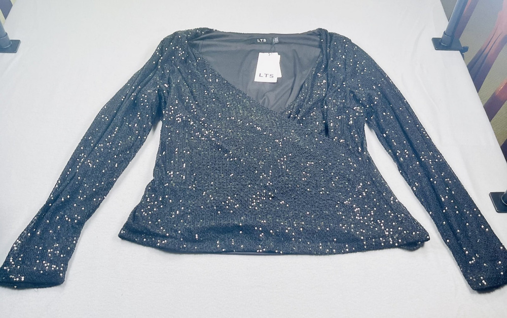 LTS Sequin Top 18 20 1X 2X Black Plunging Neck Long Sleeve Shirt NEW